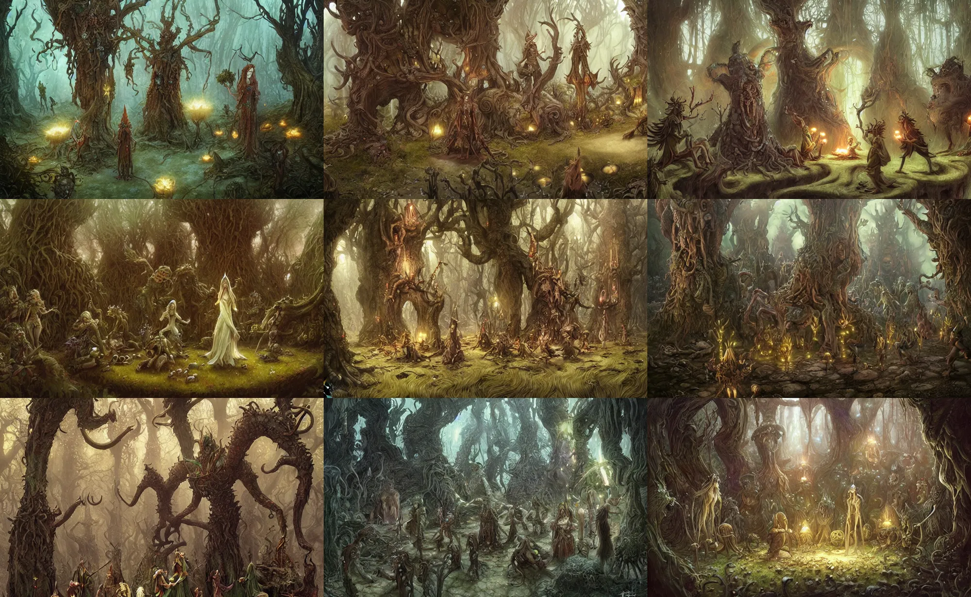 Prompt: elves having a party with tree monsters by brian froud, highly detailed, intricate, fantasy, concept art, lighting by greg rutkowski