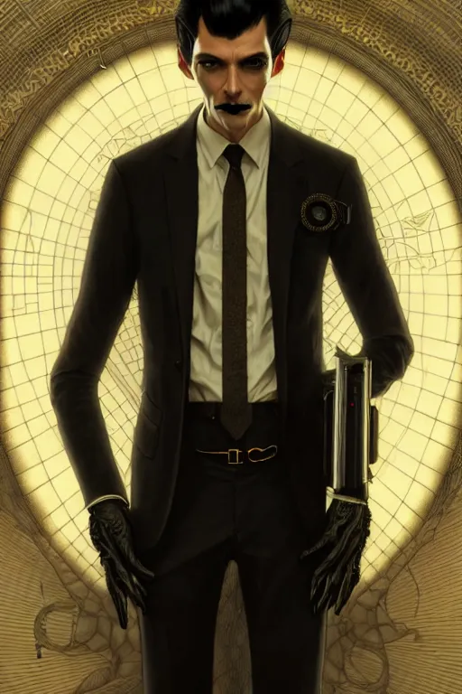 Prompt: ultra realistic, thin man in expensive modern business suit, black hair, brown eyes, occult jewelry, goth, fantasy, intricate details, eerie, highly detailed, octane render, 8 k, art by artgerm and alphonse mucha and greg rutkowski