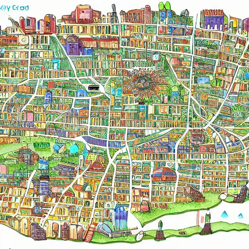 Image similar to map of a fantasy city, with color coded districts and names, highly detailed, illustration