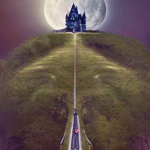 Image similar to a castle in the sky on a magical hill surrounded by giant palm trees, giant moon in the sky, cinematic, digital art by erik johansson, 8 k resolution, hyper detailed, sharp focus