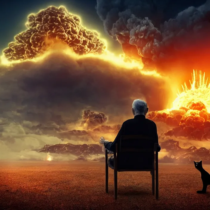 Image similar to cinematic movie, background blur bokeh, old man sitting in chair with black cat watching nuke explosion, world ending nuke, 4 k