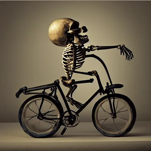 Image similar to “skeleton with a huge head riding a bicycle, studio lighting”