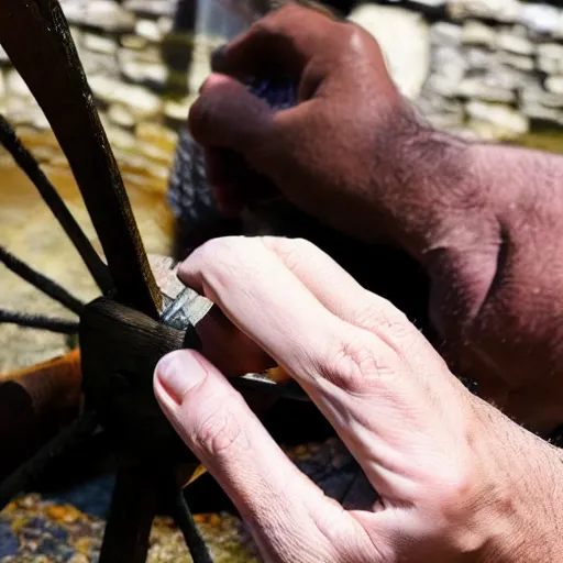 Prompt: fingers on a watermill wheel swiping up on a smartphone