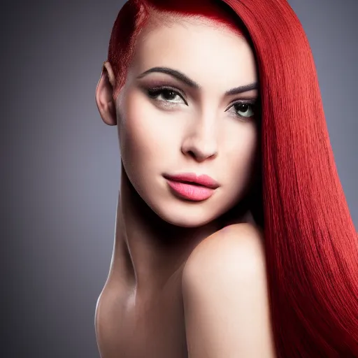 Image similar to Portrait of a young, stunningly beautiful woman with red straight hair on the right half of her head and white straight hair on the left half, award-winning photo, 4k, 8k, studio lighting, Nikon D6, 35mm