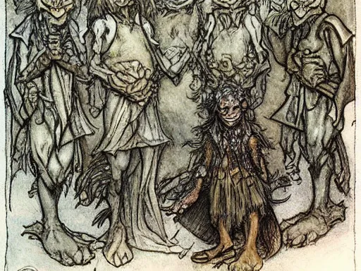 Image similar to goblins by arthur rackham and by Tony DiTerlizzi and by brian froud