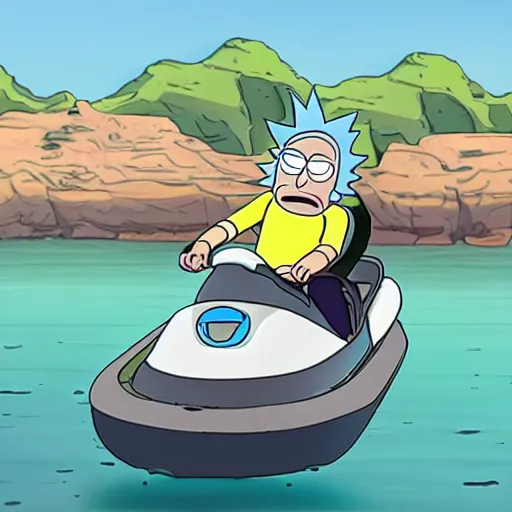 Prompt: rick and morty driving jetskis