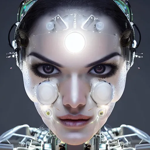 Image similar to beautiful centered Fine art photo portrait of young Sunny Leone as a solarpunk robotic humanoid, white mechanical parts with led lights, photorealistic, white background, highly detailed and intricate, outdoor lighting, HDR 8k
