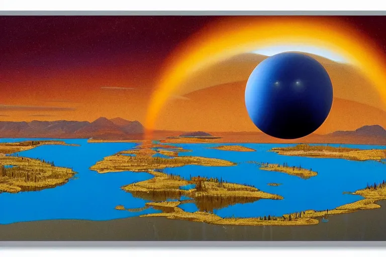 Image similar to a giant ((((metallic)))) floating sphere covered in canadian colorful aboriginal patterns!! hovering above a Yukon lake, (painted by Ralph McQuarrie), matte painting, very detailed, concept art