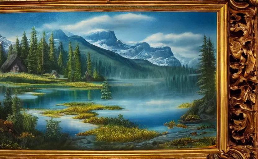 Prompt: beautiful award winning mythical painting of a canadian lake, 4 k, ultra hd