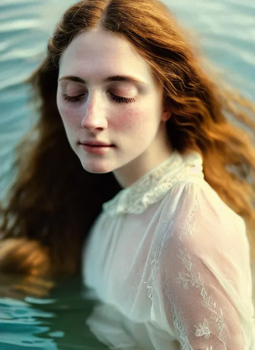 Image similar to Kodak Portra 400, 8K, soft light, volumetric lighting, highly detailed, sharp focus,britt marling style 3/4, Close-up portrait photography of a beautiful woman how pre-Raphaelites a woman with her eyes closed is surrounded by water +symmetrical frontal top view face, with the nape in the water. a beautiful lace dress and hair are intricate with highly detailed realistic beautiful flowers , Realistic, Refined, Highly Detailed, natural outdoor soft pastel lighting colors scheme, outdoor fine art photography, Hyper realistic, photo realistic