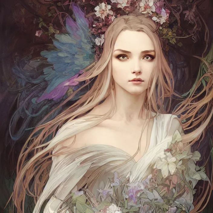 Image similar to a portrait of a beautiful! angel by ross tran!!! and alphonse mucha and greg rutkowski! and gustav dore! and artgerm!, in style of digital art illustration. symmetry. highly detailed face. fantasy, smooth, hyper detailed, sharp focus, soft light. trending on artstation. 4 k