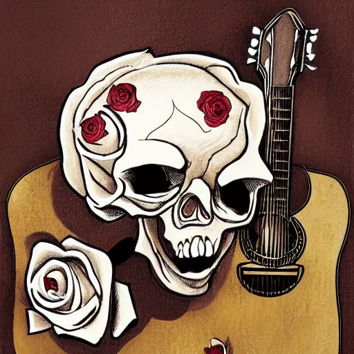 Image similar to skull and rose and guitar,