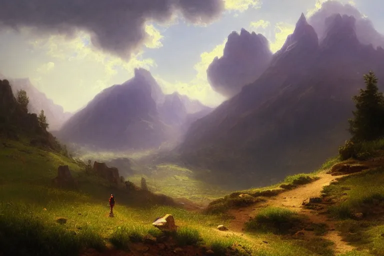 Image similar to a traveler wandering trough the mountains looking at the clouds, very detailed, oil painting, cinematic lighting, albert bierstadt, trending on artstation, colorful, canvas