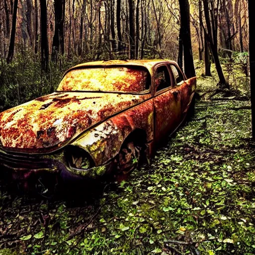 Image similar to a rusted old abandoned car in an eerie forest, sunlight seeping in through the trees