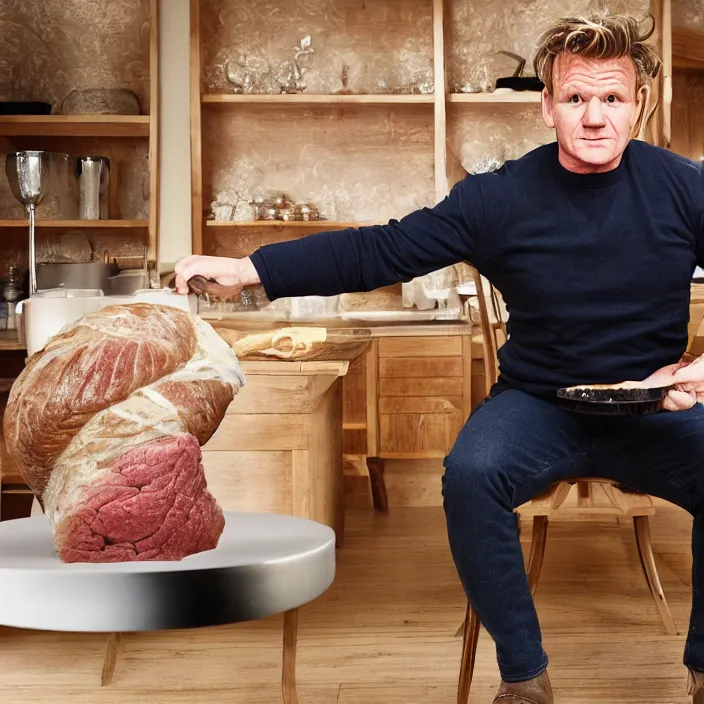 Prompt: digital photography of gordon ramsay, sitting on a rocking chair, knitting a beef wellington. high quality, medium far shot