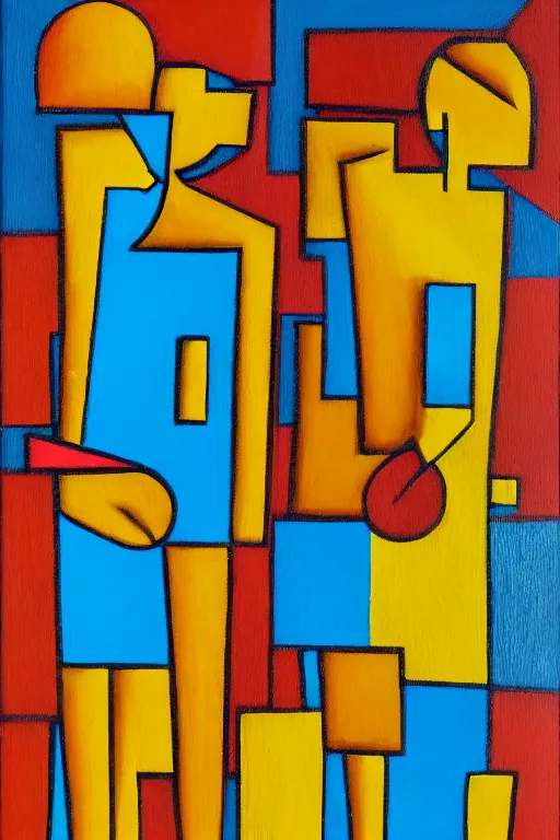 Image similar to neo cubistic painting of two tall figures, sandy yellow and some light blue, muted colors