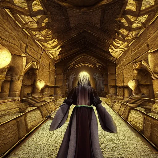 Image similar to A woman dressed in necromancer's robes investigating what lies beyond life. Highly detailed 3d fractal, volumetric lighting, sharp focus, ultra-detailed, hyperrealistic, complex, intricate, 3-point perspective, hyper detailed, unreal engine 5, IMAX quality, cinematic, finely detailed, small details, extra detail, symmetrical, high resolution, rendered 3D model, octane render, arnold render, PBR, path tracing, 8k, 4k, HD, hi-res, award-winning, awe-inspiring, ground-breaking, masterpiece , artgem, Dark Fantasy mixed with Socialist Realism, saturated colours