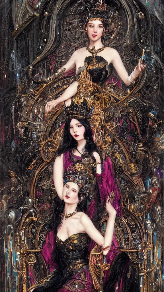 Image similar to painting of a beautiful black haired woman with pale skin and a crown on her head sitted on an intricate metal throne, illustration, artistic, colorful, hyper detailed, in the style of greg rutkowski,