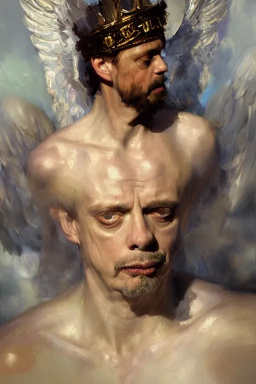 Image similar to beautiful detailed expressive impressionistic oil painting portrait of ancient roman god emperor steve buscemi levitating in angelic pose wearing the civic crown, art by anders zorn, wonderful masterpiece by greg rutkowski, expressive brush strokes, beautiful cinematic light, american romanticism by greg manchess, jessica rossier