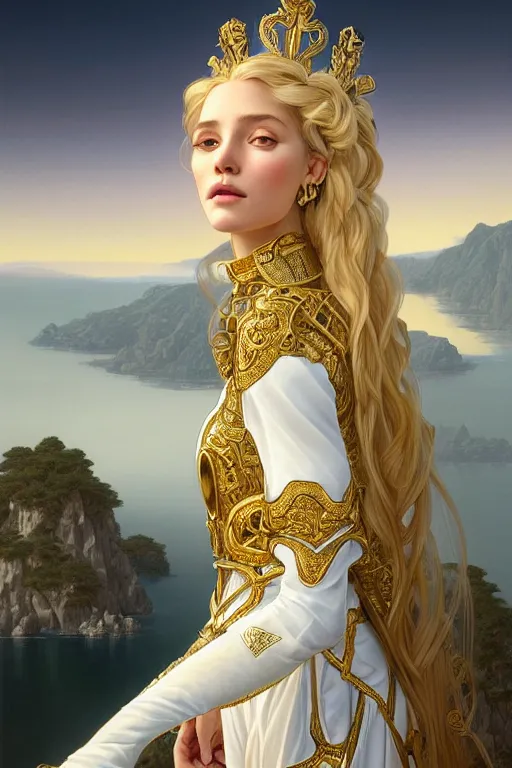 Image similar to portrait of a humanoid princess with long blonde hair, standing next to a beautiful view, ornate white officers outfit with gold embellishments, intricate, elegant, highly detailed, digital painting, artstation, concept art, smooth, sharp focus, illustration, art by artgerm and greg rutkowski and alphonse mucha, 8 k