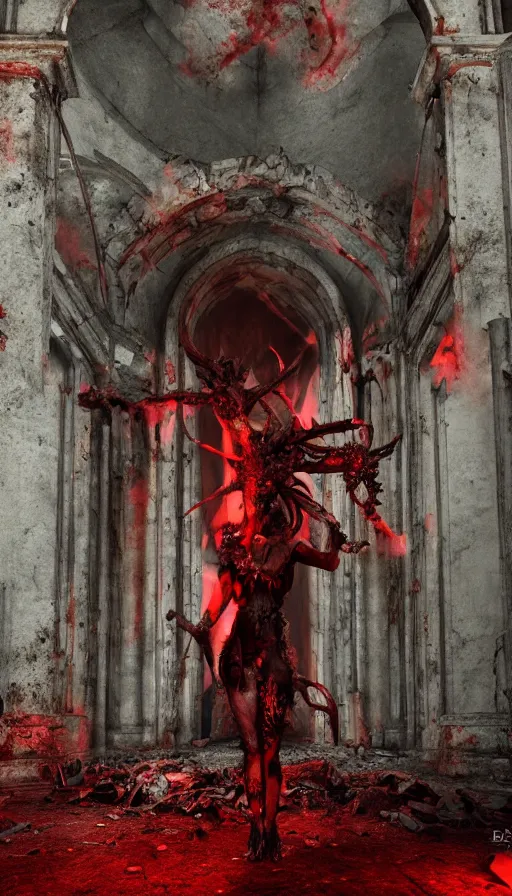 Image similar to demonic female creatures battle astaroth in an abandoned church in the vatican, 8 k, soft lighting, hdr, octane render, cinematic, red fluid on walls of the church, smoke, photorealistic, bokeh