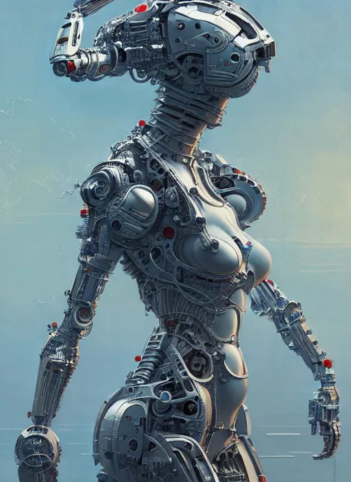 Prompt: masterpiece concept art, a beautiful highly detailed futuristic mechanical lady, seductive confident pose, by greg rutkowski and geof darrow, 8 k, intricate detail, cinematic lighting
