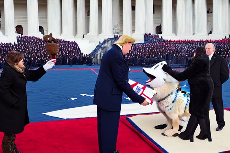 Image similar to photo of the usa presidential inauguration, a wolf fursuiter being inaugurated as president