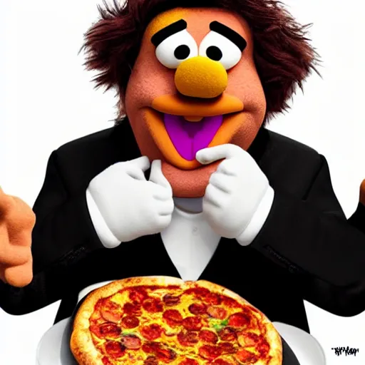 Image similar to digital art of portrait of danny devito as a muppet eating pizza, excited facial expression, head - and - shoulders shot, white background, cute pixar character, houdini 3 d render