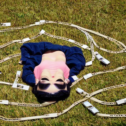 Prompt: a bunch of data cables in the shape of a beautiful woman, laying on the ground, realistic sculpture,