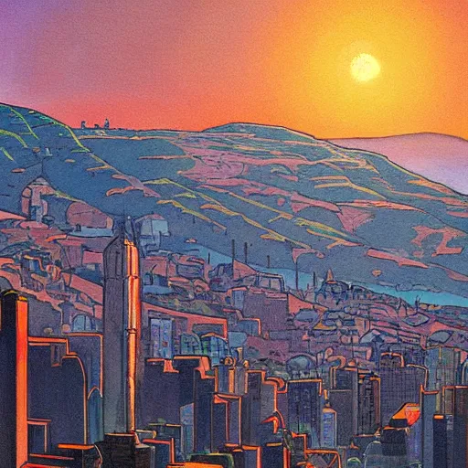 Prompt: a painting of an epically beautiful morning on telegraph hill, in the iconic style of moebius