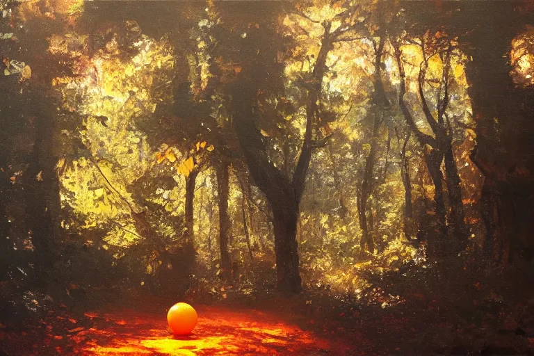 Image similar to An oil painting of an orange cube in a forest by Craig Mullins, dramatic lighting, realistic shadows, establishing shot, extremely high detail, artstation