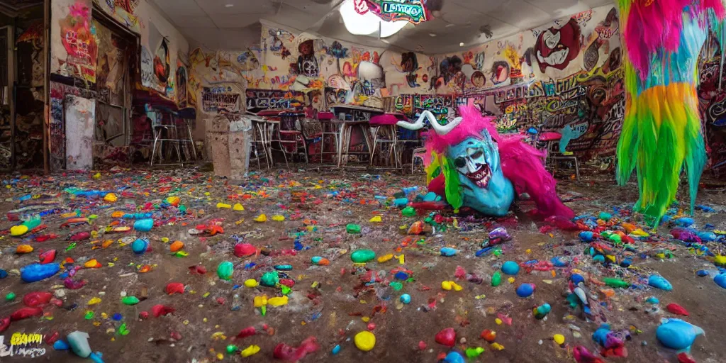 Image similar to a huge messy colorful puddle of runny melted ice cream on the floor of a abandoned ice cream parlor comes to life, raises to stand in the shape of a evil clown with sharp scary fangs attacking. a legion of evil gummy bares are behind.