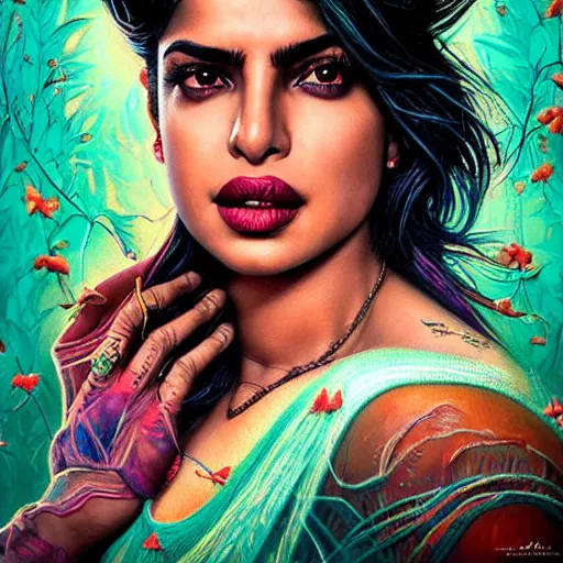 Image similar to portrait of priyanka chopra, hyper detailed masterpiece, neon floral pattern, jean giraud, digital art painting, darkwave goth aesthetic, psychedelic, artgerm, donato giancola and tom bagshaw