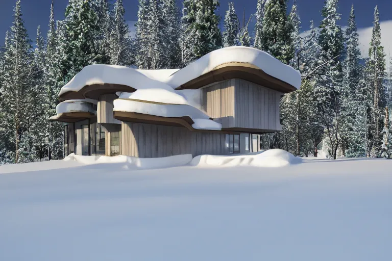 Prompt: modern modern fachwerk house with in the forest on the foot of Elbrus mountain covered by snow on the background, architecture, 3d render 8k , high details