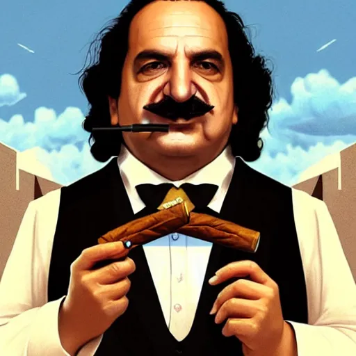 Prompt: handsome Ron Jeremy as President of United States of America as GTA character smoking a cigar, sci-fi fantasy, closeup, D&D, intricate, elegant, highly detailed, digital painting, artstation, concept art, matte, sharp focus, illustration, art by Artgerm and Greg Rutkowski and Alphonse Mucha