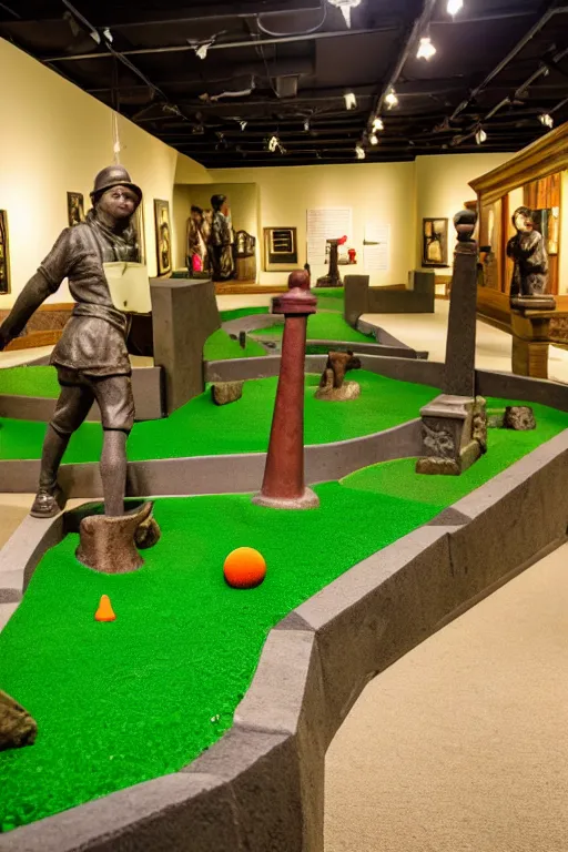 Prompt: mini - putt course inside a museum with statues and windmills