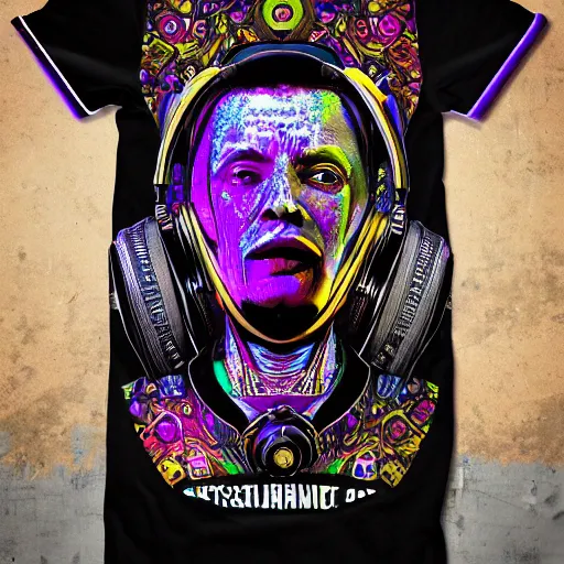 Image similar to mockup of a black tshirt with a hyperdetailed portrait of a steampunk robot with headphones on lsd, 8 k, symetrical, flourescent colors, trippy mood, multicolored,