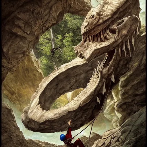 Image similar to rock climber climbing a giant ancient dragons skull, very detailed, fantasy art, dungeons and dragons, belaying, ropes, landscape, cover of national geographic