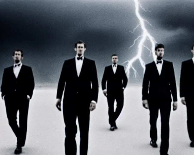 Image similar to 1 3 mm film, liminal, unsettling, group of tall men in suits, thunderstorm