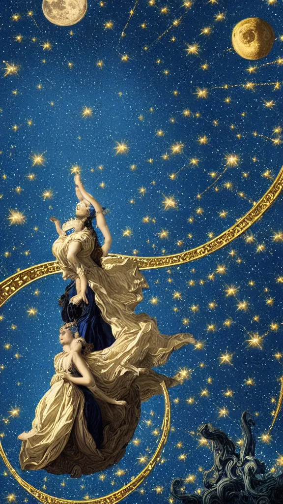 Image similar to sky in a starry night with glowing meteor showers, ascension of a woman decomposing and dissolving into moon, dark - blue black gold beige saturated, ornate baroque rococo art nouveau intricate detail, 3 d specular lighting, cinematic, blur