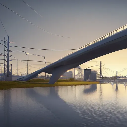 Image similar to futuristic provencher bridge in winnipeg manitoba, victor einrich, gregory crewdson, ian mcque, mike winkelmann, simon stalenhag,