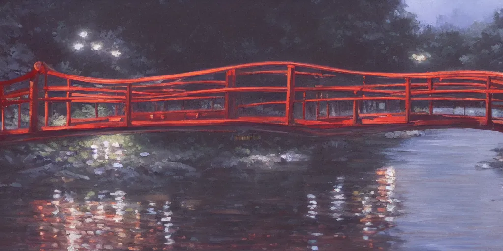 Prompt: Japanese footbridge, cinematic lighting, detailed oil painting, hyperrealistic, 8k