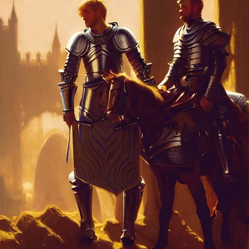 Image similar to attractive arthur pendragon and his favourite attractive male knight, they are in love, camelot, natural lighting, path traced, highly detailed, high quality, digital painting, by gaston bussiere, craig mullins, j. c. leyendecker