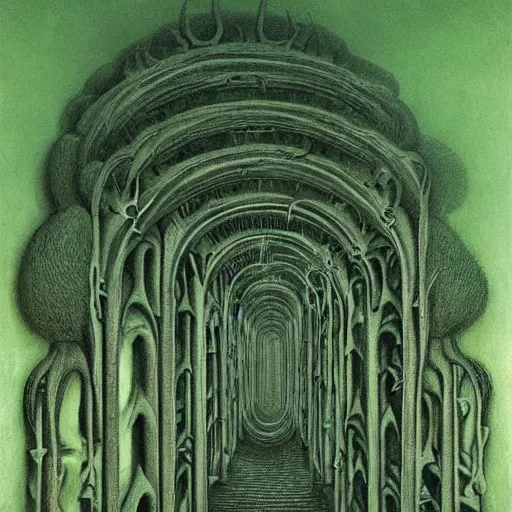 Image similar to ossuary cemetary segmented shelves overgrown, graveyard, vertical shelves, zdzisław beksinski, hr giger, mystical occult symbol in real life, high detail, green fog