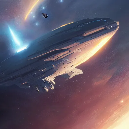 Image similar to concept art of a large space vessel flying in the space by greg rutkowski