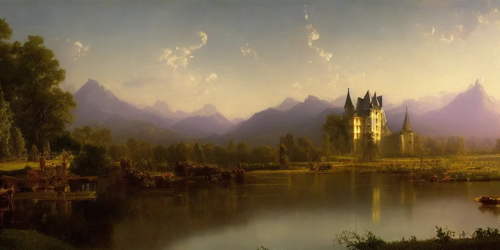 Image similar to beautiful illustration of chateau in a serene landscape, by albert bierstadt, magic realism, narrative realism, beautiful matte painting, heavenly lighting, retrowave, 4 k hd wallpaper