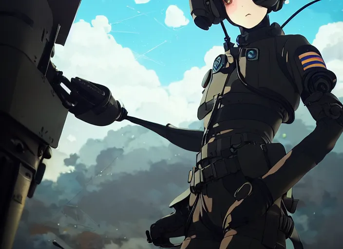 Prompt: portrait of pilot girl parachuting behind enemy lines, black sky background, chaotic landscape, illustration concept art anime key visual trending pixiv fanbox by wlop and greg rutkowski and makoto shinkai and studio ghibli and kyoto animation, kaki body suit, wires, odst, oxygen mask, military gear, grimdark, volumetric lighting