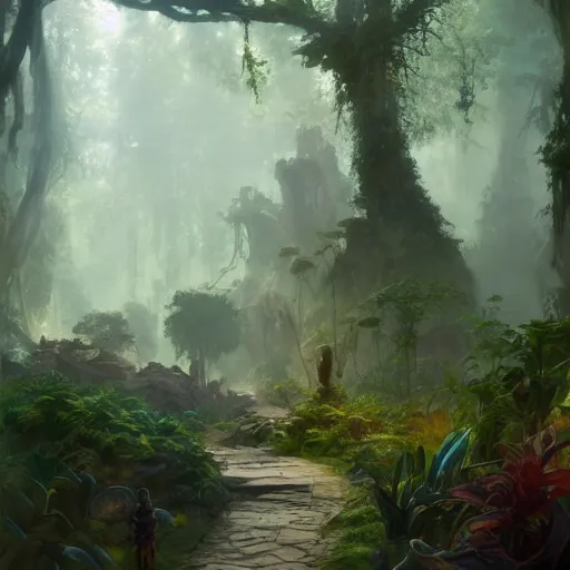 Image similar to concept art of a jungle path leading to tree of life, religious, in the style of fenghua zhong and ruan jia and jeremy lipking and peter mohrbacher, mystical colors, rim light, beautiful lighting, 8 k, stunning scene, raytracing, octane, trending on artstation