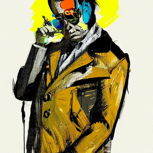 Prompt: Graphic Illustration, Creative Design, Banana man, Techwear, Cyberpunk, Full Body Portrait, Character Design, by Ralph Steadman, Francis Bacon, Hunter S Thompson