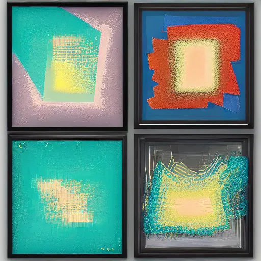 Image similar to framed collage of different abstract glitch art paintings of emergent structures with bold lines and pixels, 8k, trending on artstation,